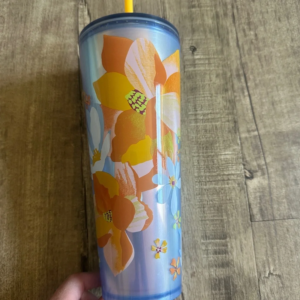 Starbucks 32oz tumblers lot of two, yellow floral and holiday floral. Perfect - Picture 2 of 10